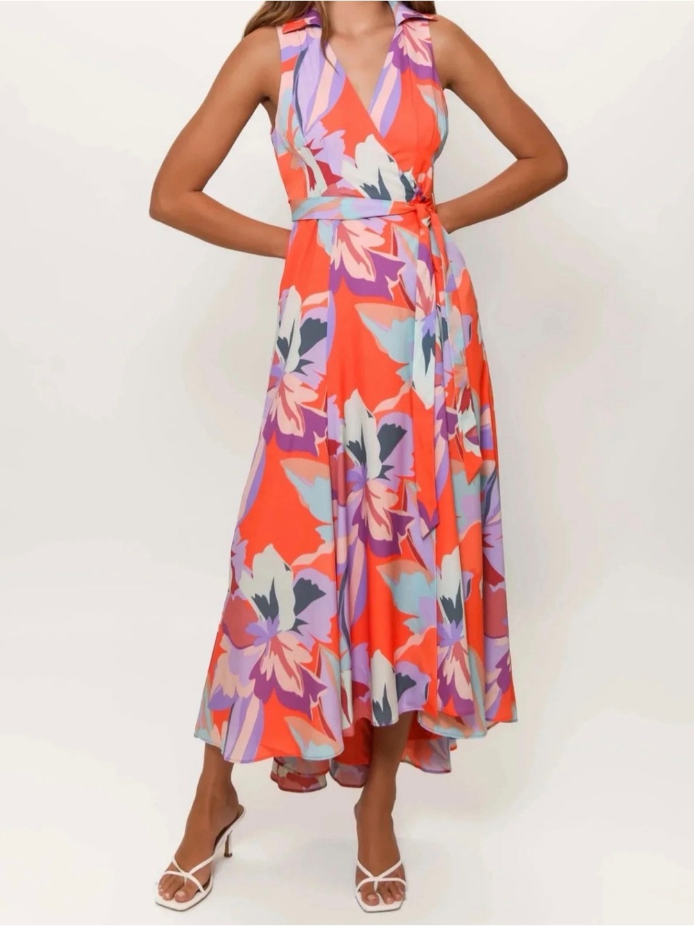 Hutch Anthropologie Floral Wrap Midi Dress - Coral Multi size Large  Worn Once